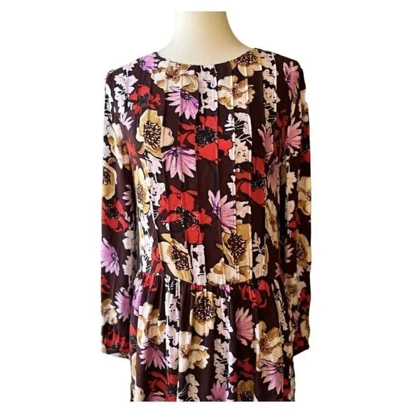 Hinge Women's Pintuck Floral Burgundy Fudge Wild Bouquet Mini Dress Size S - Picture 14 of 16